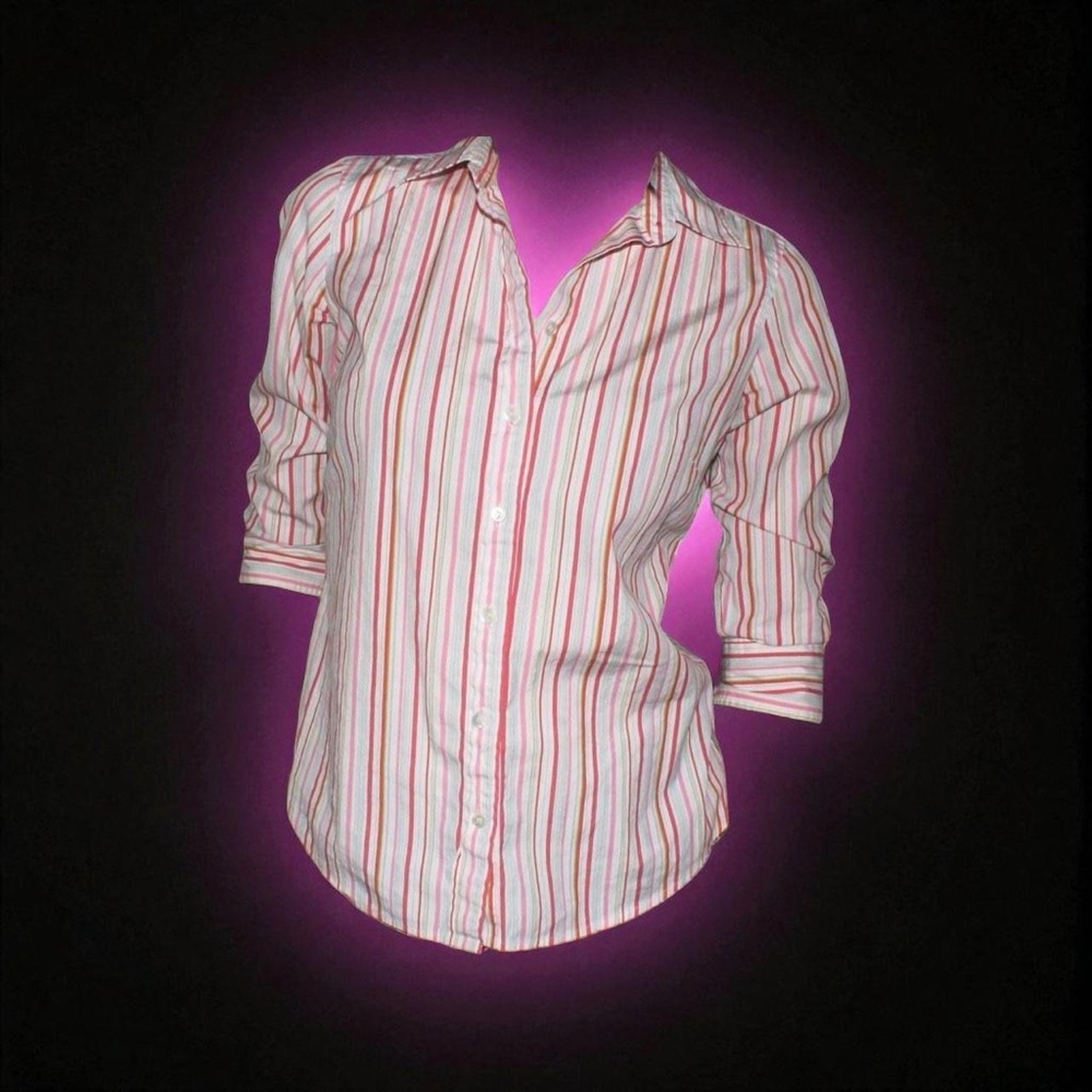 Pink and white striped 3/4 sleeve button down shirt